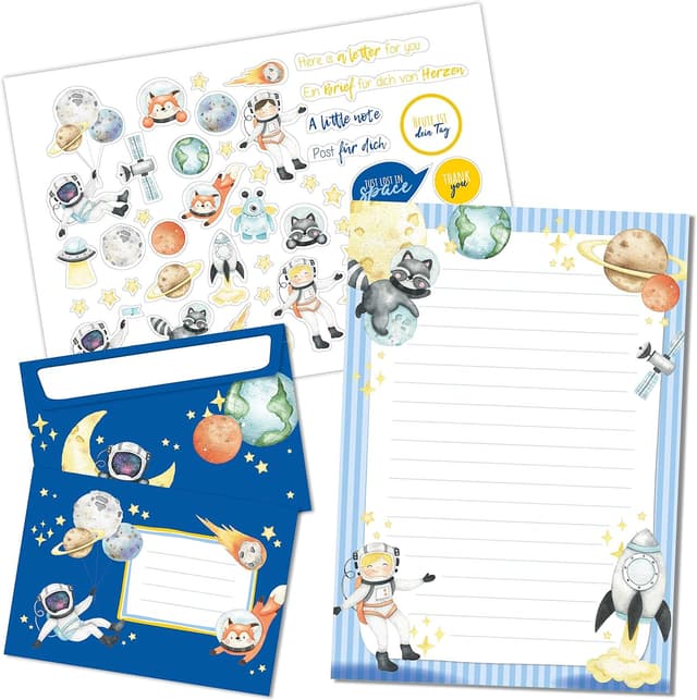 Detalle de Papierdrachen Briefblock Set mit Astronauten-Motiven: 50 Briefbögen, 20 Umschläge & Stickerbogen