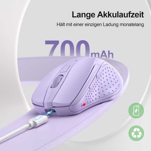 Detalle 2 de TECKNET Bluetooth Maus (wiederaufladbar, 3 Modi BT 5.0/3.0 + 2,4G, 4800 DPI) – ergonomisch, leise, lila