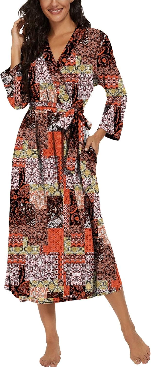 Detalle de PrinStory Damen Bademantel mit 3/4-Ärmeln und V-Ausschnitt (Kimono-Robe, lange Länge)