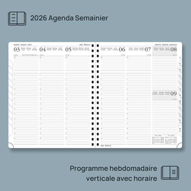 Detalle de POPRUN Agenda 2026 semainier vertical 26,5 x 21,5 cm en couverture souple PU (pourpre) + règle signet