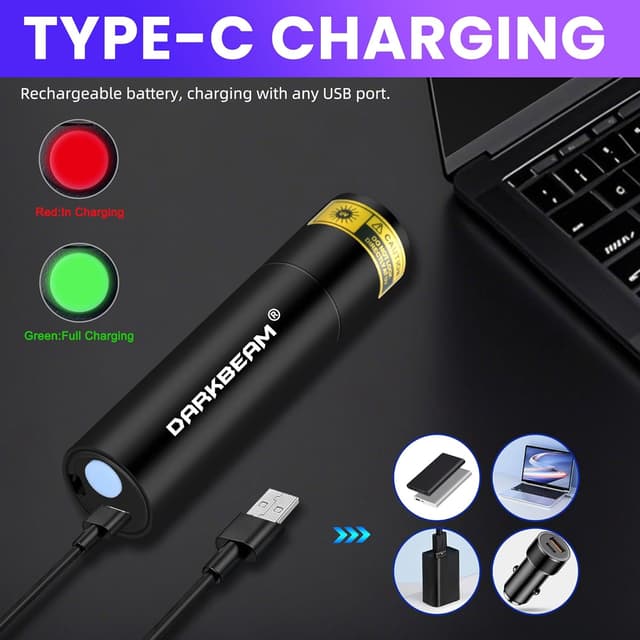 Detalle de DARKBEAM UV Torch 365nm Mini Black Light (Rechargeable USB) — portable UV flashlight for stains, pet urine & fluorescent detection