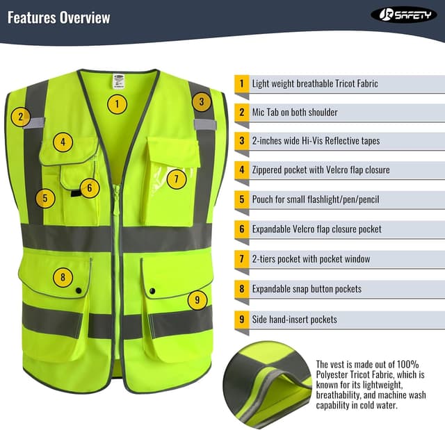 Detalle de JKSafety 9-Pocket Class 2 High-Visibility Zipper Safety Vest (ANSI/ISEA 107 Class 2 Type R) — Large, 150-Yellow
