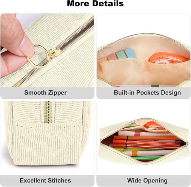 Detalle 2 de FINPAC Trousse à crayons en velours côtelé beige, grande ouverture et poches intérieures