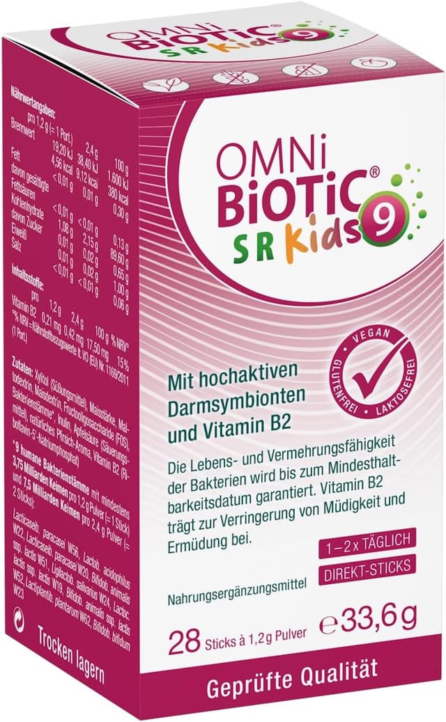 Detalle de OMNi BiOTiC SR-9 Kids Direkt-Sticks (28 Stück) mit Pfirsich-Geschmack – vegan, glutenfrei, laktosefrei