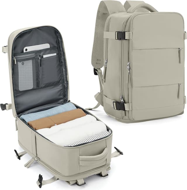 Detalle de SZLX 40x20x25cm Underseat Cabin Bag Backpack for Ryanair & EasyJet (14-inch) – Waterproof Travel Luggage Bag, Grey/Brown