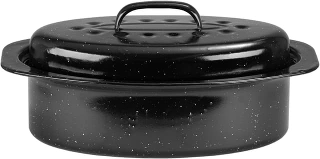 Detalle de JY COOKMENT Granite Roaster Pan (Small, 13") with Domed Lid – Enamel Enameled Oval Roasting Pot for Small Turkey/Chicken
