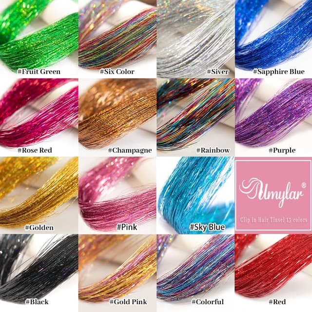 Detalle 2 de Hair Tinsel Pack of 12 Clip-In Glitter Extensions (20 Inch) — Colorful Party Hair Accessories for Women & Girls