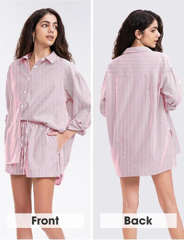 Detalle de EXLURA Women’s Cotton Summer 2-Piece Long Sleeve Button-Down & Shorts Set