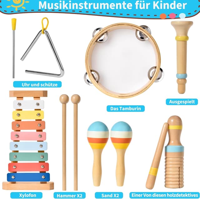Detalle de Set strumenti musicali in legno Montessori 6 in 1 per bambini (1 anno) con maracas, xilofono e tamburi