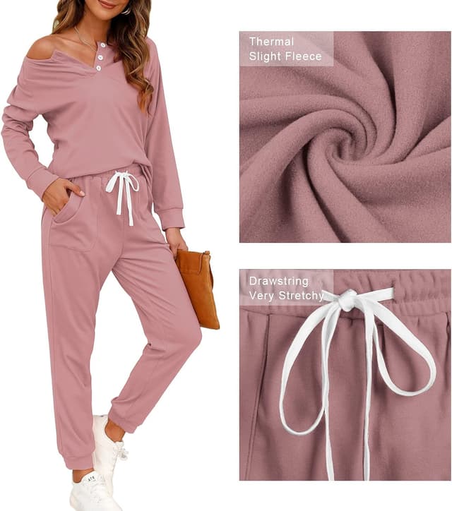 Detalle de WIHOLL Two-Piece Women’s Lounge Set (Button-Down Henley Sweatshirt + Drawstring Sweatpants with Pockets)