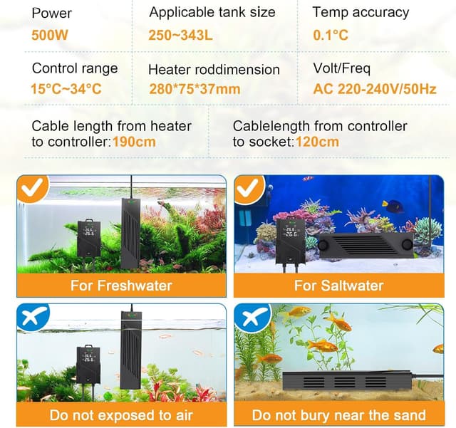 Detalle de hygger Aquarium Heizstab 500 W – digital einstellbarer Submersions-Heizer mit LED-Display für 250–343 l Freshwater