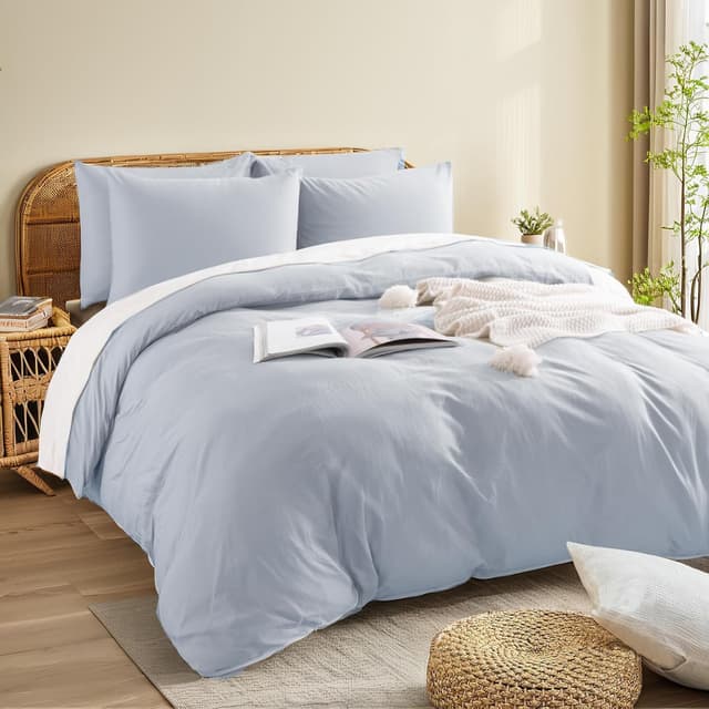 Thumbnail 6 de NEXHOME PRO Queen Washed Cotton Duvet Cover Set (Cornflower Blue) — Organic & Linen-Like Texture, 3-Piece