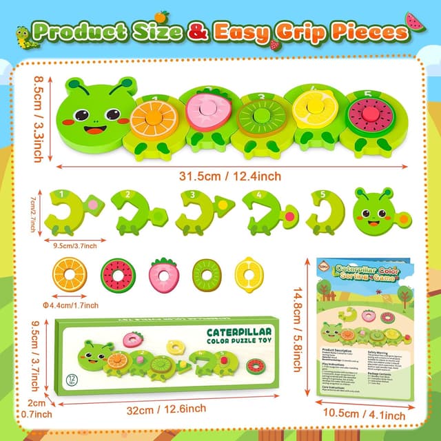 Thumbnail 6 de Caterpillar Montessori wooden puzzle toy for 1–2 year olds (caterpillar colour sorting & shape matching)