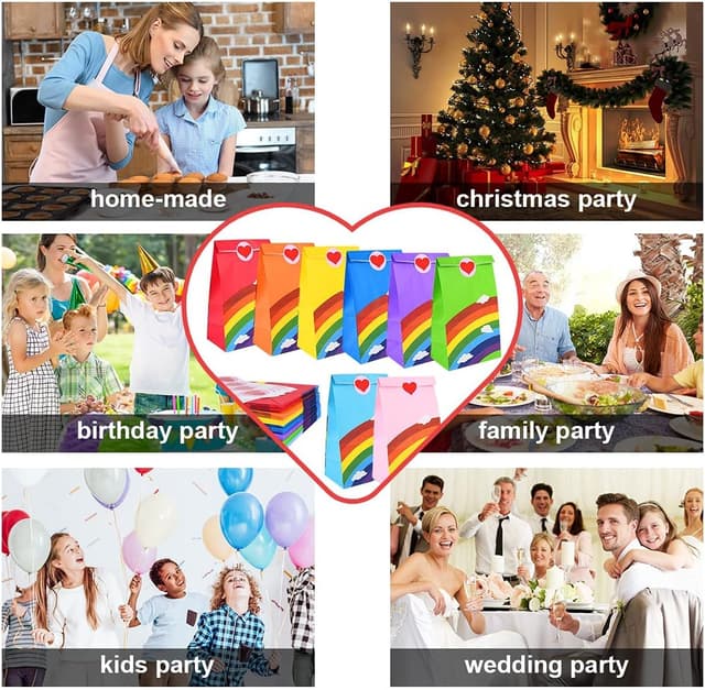 Detalle 2 de flintronic 48 Pack Kraft Sweet Party Bags with Rainbow Design and Smile Stickers (13 × 8 × 24CM)