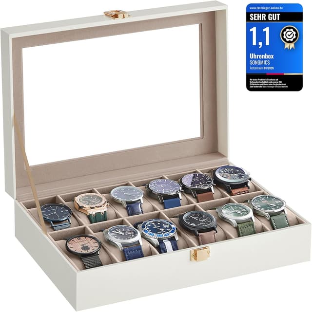 Detalle de SONGMICS Uhrenbox mit 12 Fächern, Glasdeckel und Schaumstoff-Polstern (JWB120W01)