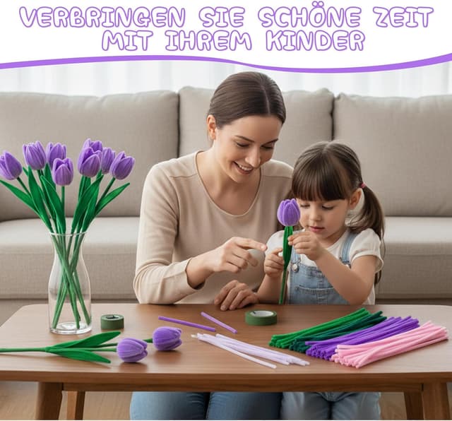 Detalle 2 de Tulpe Pfeifenputzer Bastelset mit 400 Stück – DIY Blumen & Deko in 5 Farben (lila)