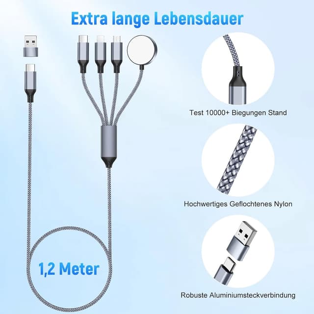 Detalle 1 de Multi 4‑in‑1 Ladekabel 1,2 m für iPhone, iPad, AirPods, Watch