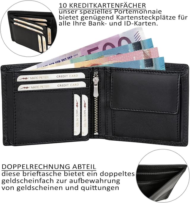 Detalle de Marc Peter® Hanover Herren-Geldbörse aus echtem Leder mit RFID-Schutz, Schwarz (Nappa) – 12 x 9,5 x 2 cm