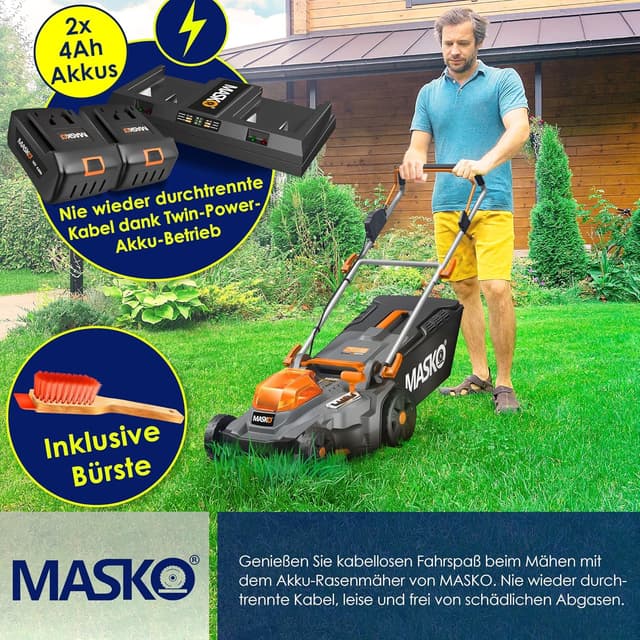 Detalle 2 de MASKO® Akku-Rasenmäher mit Mulchfunktion (36 V) inkl. 2× Li-Ion 4 Ah, Doppel-Ladegerät, Rasentrimmer 37 cm & Fangkorb 40 l