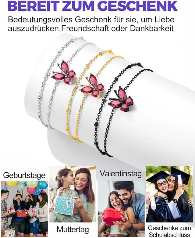 Detalle 2 de Richsteel Geburtsstein Fußkette für Damen – doppeltes Fußkettchen aus 316L Edelstahl mit Schmetterling