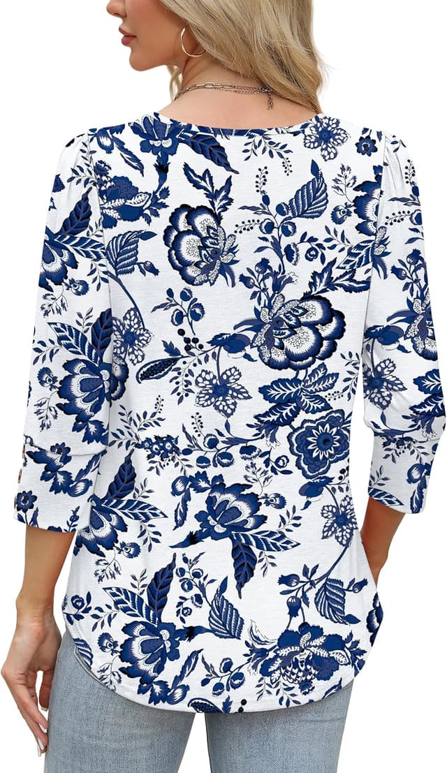 Detalle de WIHOLL 3/4 Sleeve V-Neck Blouse with Triple-Button Cuffs for Dressy Casual & Work