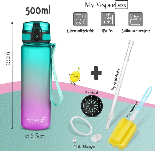 Detalle 2 de My Vesperbox Minny Kinder-Trinkflasche auslaufsicher 500 ml mit Strohhalm oder Sieb (Tritan, BPA-frei) – Lila/Grün