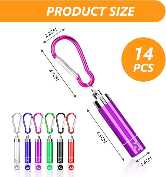 Detalle 2 de flintronic Set di 14 mini torce LED portachiavi per bambini (6,5 cm) in 6 colori