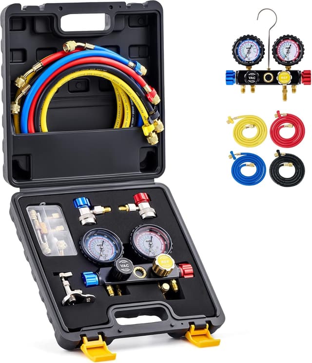 Detalle de Orion Motor Tech 4-Way AC Gauge Set for R410a, R22 & R134a with 5 ft Hoses, Adapters & Can Tap