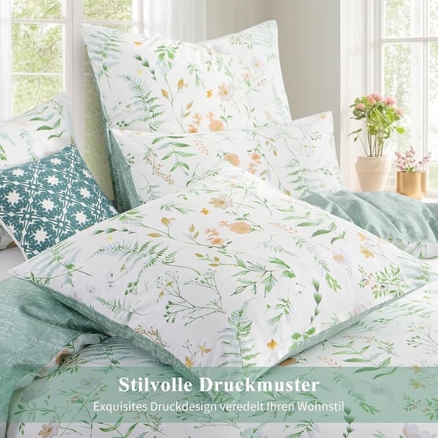 Thumbnail 4 de Aisbo Bettwäsche 135x200 4teilig Baumwolle Grün Blumen Muster