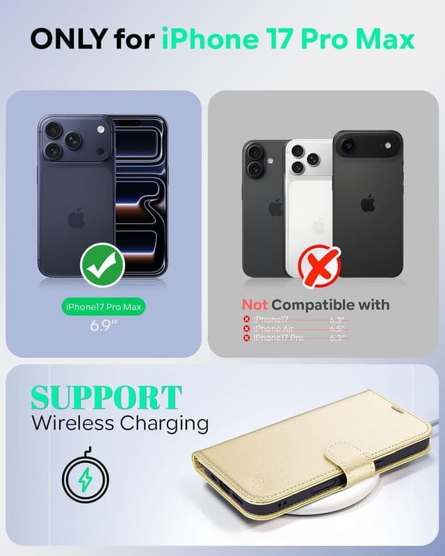 Detalle 2 de OCASE Hülle für iPhone 17 Pro Max 5G mit Kartenfach, Magnetverschluss, RFID-Blocker und Standfunktion (Gold)