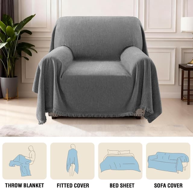 Thumbnail 3 de H.Versailtex Chenille Sofa Cover 3 Seater Grey 180 x 340 cm 🛋