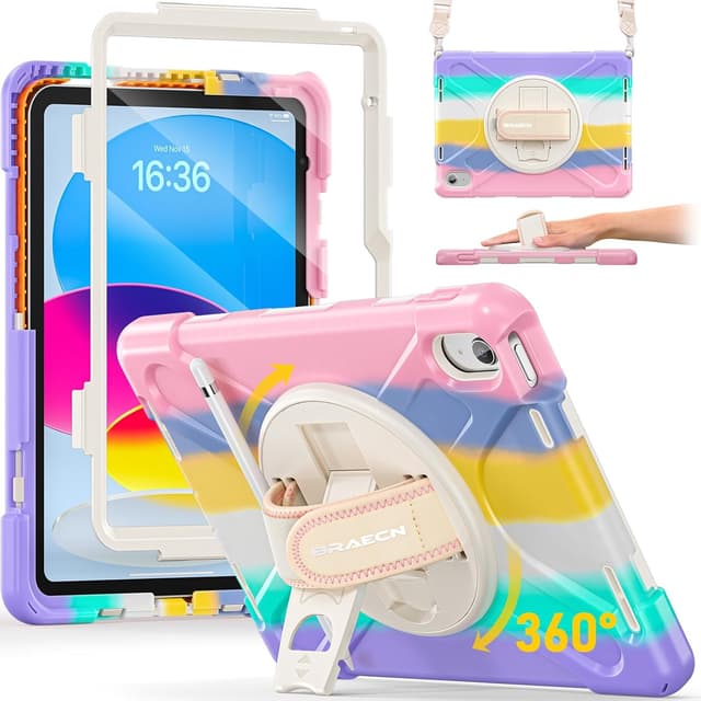 Detalle de BRAECN Kids Case for iPad (A16) 11th / 10th Generation Heavy Duty Cover with Rotating Stand, Screen Protector & Shoulder Strap
