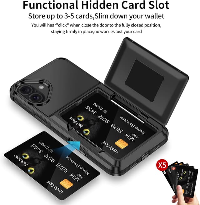 Detalle de Aolcev iPhone 16 Wallet Case with Card Holder (up to 4 cards) – Dual Layer Shockproof in Black