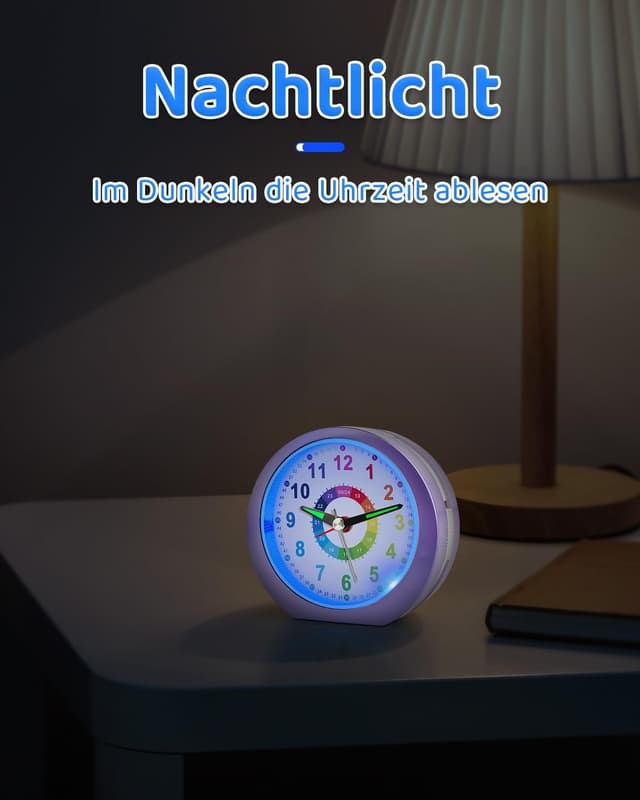 Detalle de Ayybboo Kinderwecker ohne Ticken mit Snooze und Nachtlicht – analoger Quarzwecker für Kinder (Lavendel)