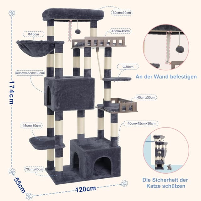 Thumbnail 6 de Gitelsnour Kratzbaum groß 174 cm (Rauchgrau) mit Hängematte, 2 Sitzstangen und 15 Kratzstangen – GCT033G