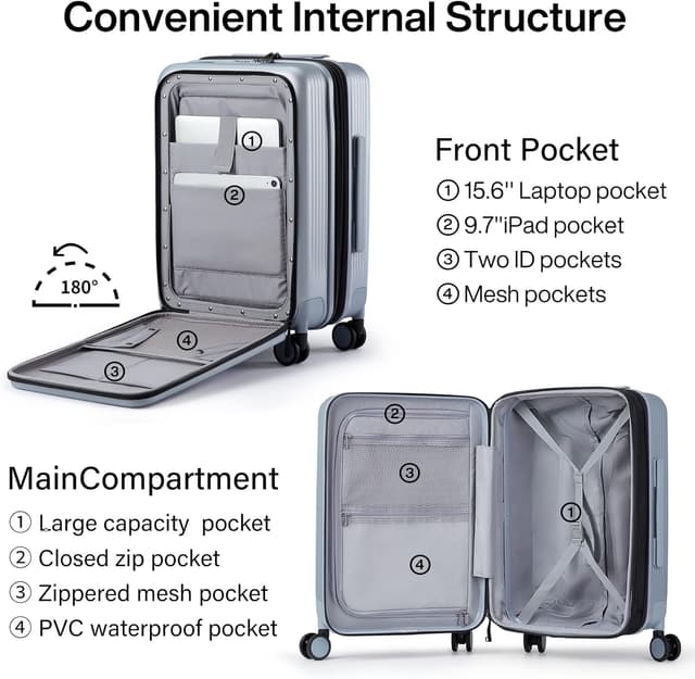 Detalle de Hanke 20 inch expandable cabin luggage hard shell case with laptop compartment, spinner wheels and combination lock (Grey)