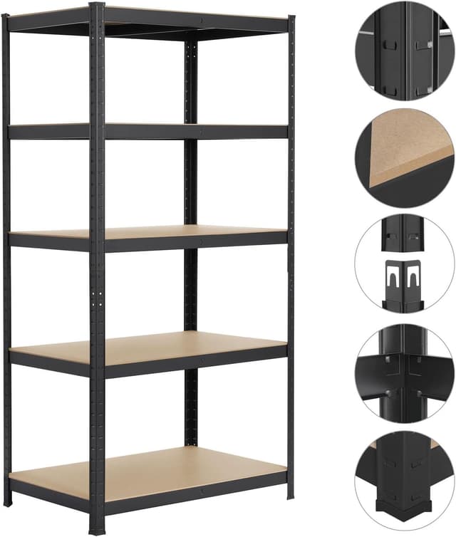 Detalle de Yaheetech 5-Tier Heavy Duty Metal Garage Storage Shelves (90x60x180 cm) – Adjustable Rack Shelf Unit, Black