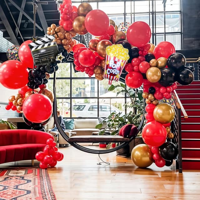 Thumbnail 6 de Movie Night Party Balloons (35 pcs) Red, Black & Gold Confetti with Film Clapboard & Pop Corn Foil Balloon