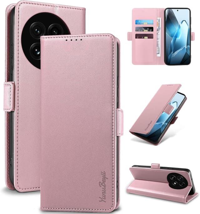 Detalle de Yunubeyii Handyhülle für OnePlus 13 mit RFID-Blocker, Kartenfächern und Magnetverschluss (Klapphülle, Rosa)
