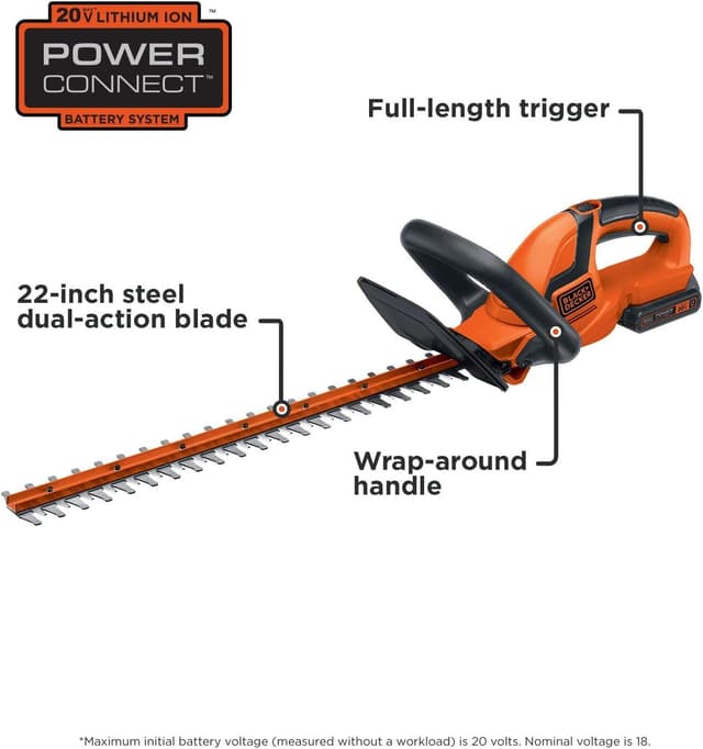 Detalle de BLACK+DECKER 20V MAX Cordless Hedge Trimmer (LHT2220) — 22" Steel Blade, Battery & Charger Included