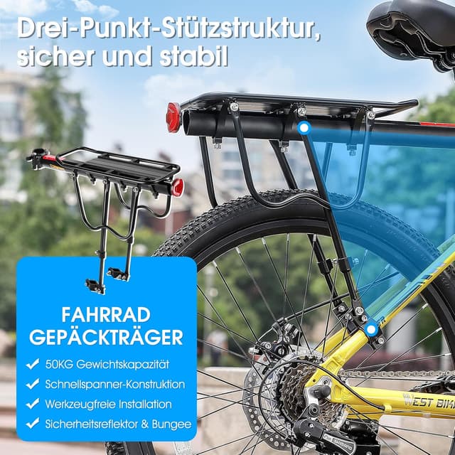 Detalle de West Biking Gepäckträger fürs Mountainbike (hinten) aus Aluminium, bis 50 kg, Schnellmontage an der Sattelstütze
