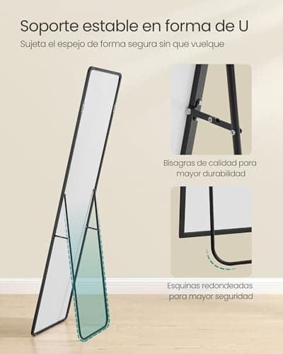 Detalle de SONGMICS LFM034B01 espejo de cuerpo entero negro tinta (150 x 40 cm) con marco de aleación y cristal templado