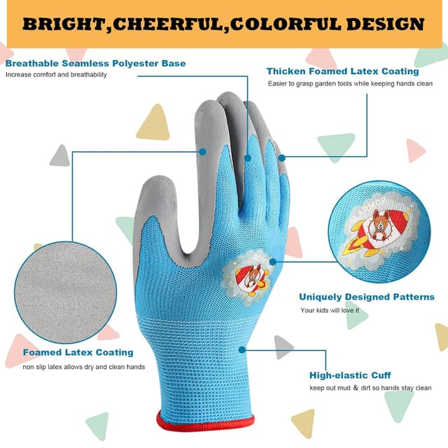 Detalle 2 de SLARMOR Kids Gardening Gloves (Ages 3–6) – Waterproof & non-slip latex-coated gloves for boys and girls