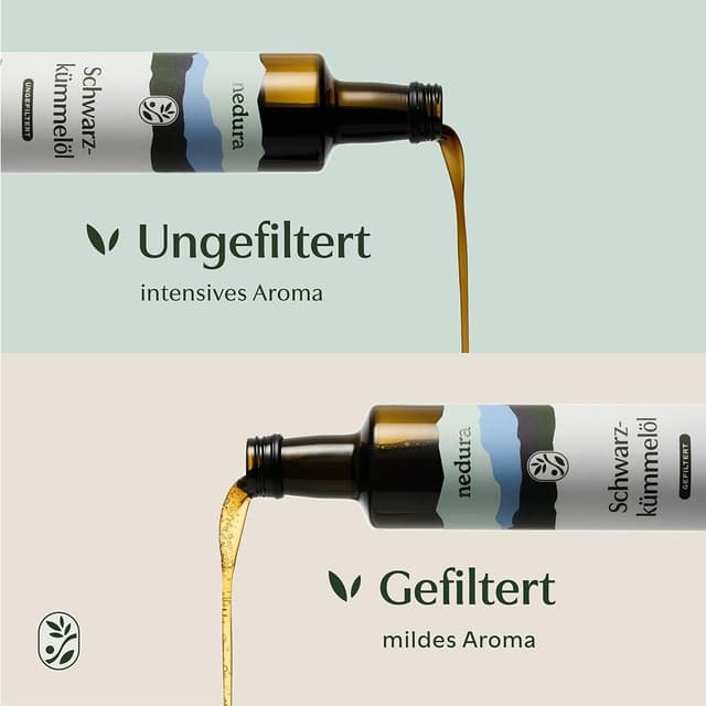 Detalle 2 de nedura® Schwarzkümmelöl kaltgepresst (ungefiltert) 100 ml – 100% naturrein