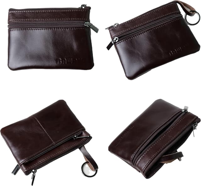 Detalle de BAWAKO portamonete in vera pelle marrone, 3 scomparti con chiusura a cerniera e portachiavi mini portafoglio