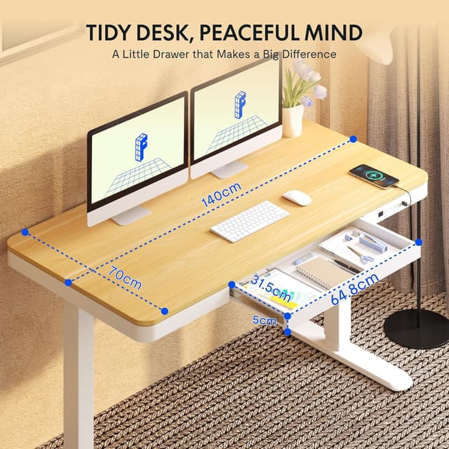 Detalle 2 de FLEXISPOT Q3 Electric Standing Desk (Maple, 140 × 70 cm) with Drawer & USB charging