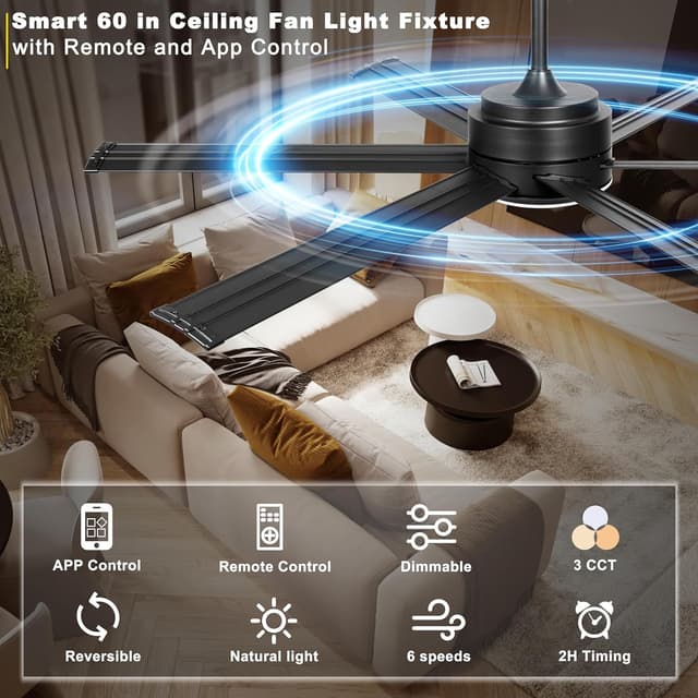 Detalle de Ohniyou 60" Industrial Ceiling Fan with Lights (Remote & App, Dimmable, DC Motor) — Black