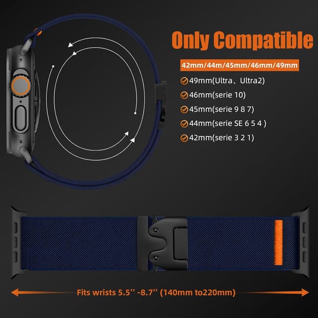 Detalle de Yoohoo cinturino in nylon regolabile per Apple Watch 44/45/46/42/49 mm (Ultra e Series, anche Uomo/Donna)