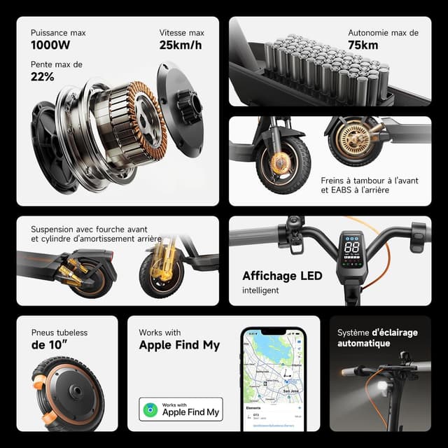 Detalle de NAVEE GT3 – Trottinette électrique adulte jusqu’à 75 km, moteur 700 W/1000 W et Apple Find My