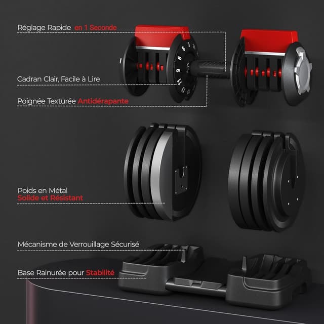 Thumbnail 6 de Yaheetech Haltères réglables 24 kg pour musculation 🏋